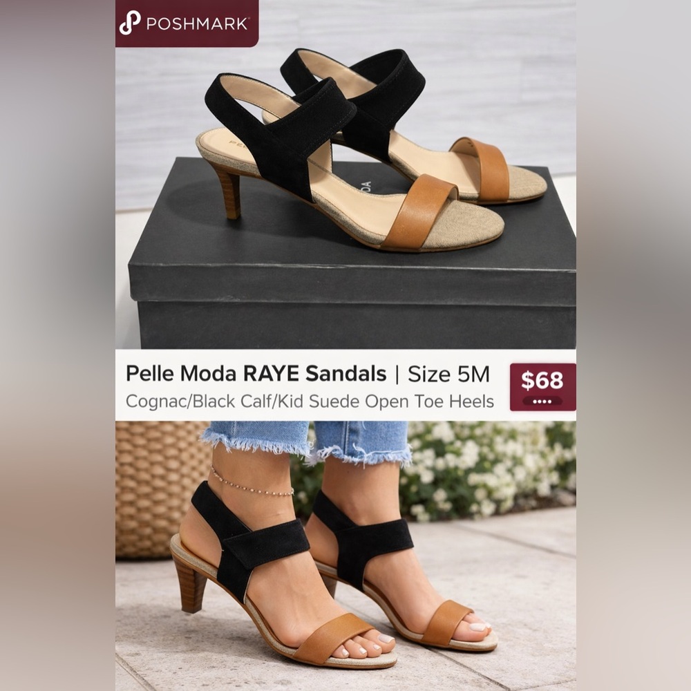 Pelle Moda RAYE Sandals | Size 5M | Cognac & Black Suede Kitten Heel